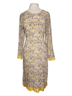 Yellow Floral Long Sleeve Midi Dress Satin Trimmed Cuff Large L No Tag